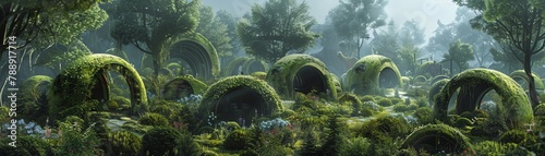 Green burials depicted in a utopian society, with biodegradable caskets merging into lush, sustainable landscapes photo