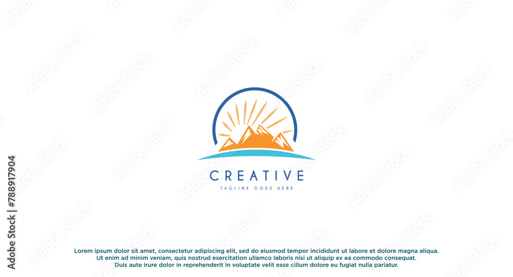 Mountain with sun rays logo design vector illustration. Mountain with sun rays logo design vector illustration.