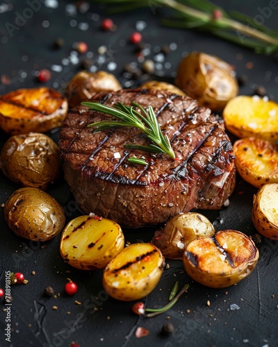 a beautifully presented meal, a wellcooked steak with grill marks, indicating it has been grilled Surrounding the steak are roasted potatoes that appear golden brown and crispy photo