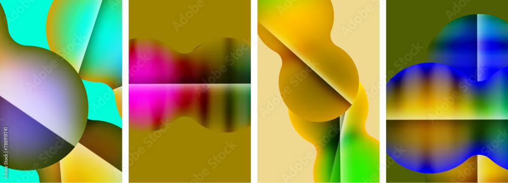A collage of four colored abstract images resembling rectangles, petals, and liquid in various tints and shades. A closeup artistic representation of terrestrial plants and flowers