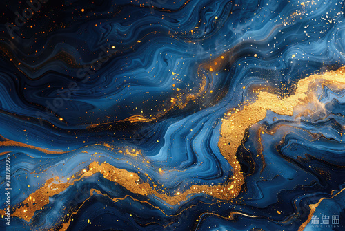 A digital art piece featuring an abstract background with swirling patterns of dark blue and gold, resembling the texture of marble or agate stone. Created with Ai