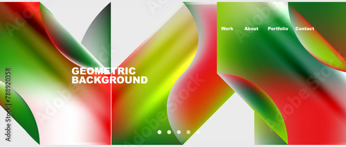 A colorful geometric background featuring waves of red, green, and white, resembling terrestrial plant petals. Closeup liquid art with vibrant magenta tints and shades