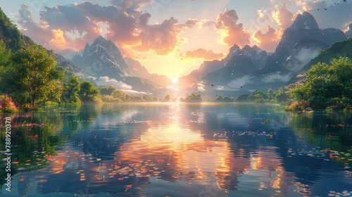 Beautiful lake with mountain background, beautiful sunrise, fantasy landscape, digital art, cinematic in the style of various artists. Created with Ai #788920378