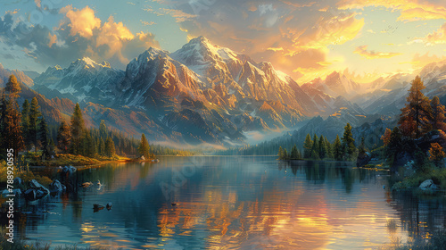 A serene mountain landscape with snowcapped peaks, lush greenery, and tranquil waters reflecting the sky at sunset. Created with Ai photo