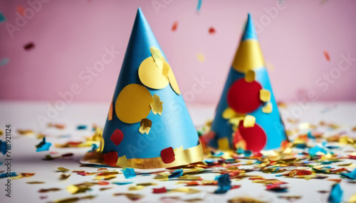 background hat paper confetti birthday abstract anniversary blue bright cap card carnival celebration colours colourful copy decoration decorative design entertain