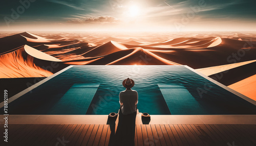 persona de vacaciones en el desierto sentado en la alberca photo