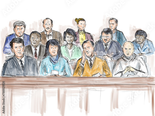 Pastel pencil pen and ink sketch illustration of a courtroom trial setting a jury of twelve 12 person juror on a court case drama in judiciary court of law and justice viewed from front. (ID: 788921928)