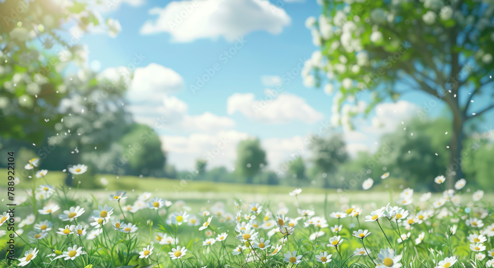 Beautiful spring background nature with blooming glade chamomile, trees and blue sky on a sunny day. High Quality Image