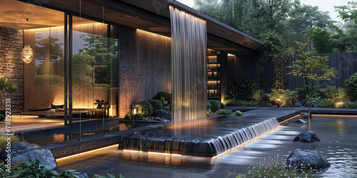 Modern house with black walls  modern garden with waterfalls and greenery  interior design. Created with Ai
