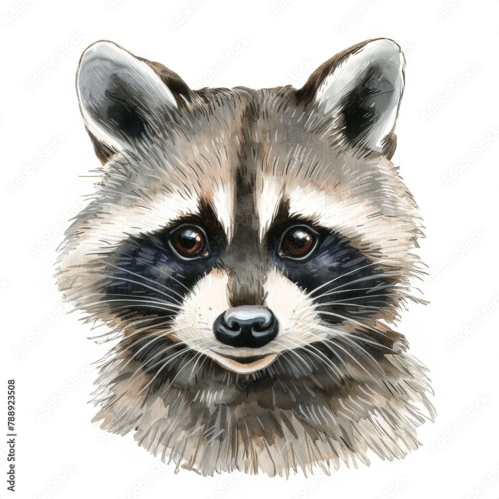 Obraz premium Watercolor realistic raccoon face on a white background. Print for postcard, mug, baseball cap, notepad, notebook
