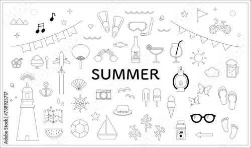 夏　イラスト　素材　線画　セット　バリエーション　サマー　あしらい　飾り　アイコン　シンプル　ポップ