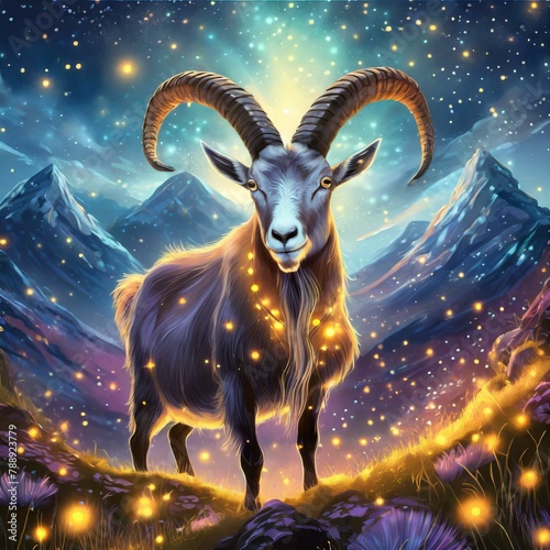  a majestic landscape featuring a very large goat illuminated by the soft glow of fireflies for a nature-themed illustration." © ishfaquehussain
