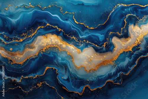 Abstract Blue and Gold Painting, fluid shapes, dark white background, high resolution. Created with Ai