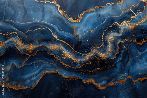 A digital art piece of a dark blue marble with golden veins, resembling an oceanic landscape. Created with Ai