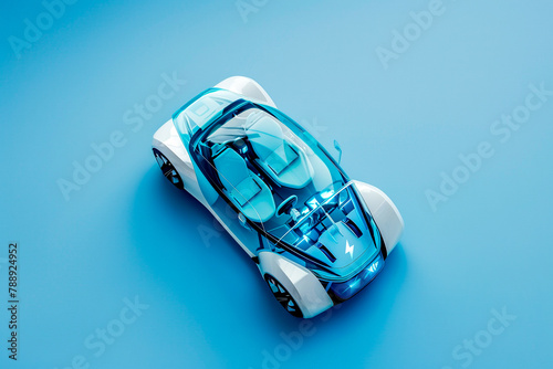 EV car, Electric energy battery charge vehicle with sustainable development concept. 3d modern futuristic glass car charging with electric power icon, alternative energy, isolated on blue background.