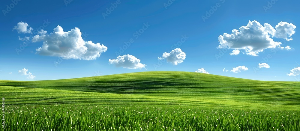 A green field beneath a blue sky dotted with clouds. A green field beneath a blue sky dotted with clouds.
