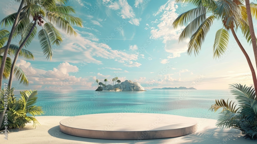 Imagine a summer sale display on a beach, where the podium is adorned with tropical motifs. The backdrop features a serene island, inviting travelers to explore paradise. - obrazy, fototapety, plakaty 