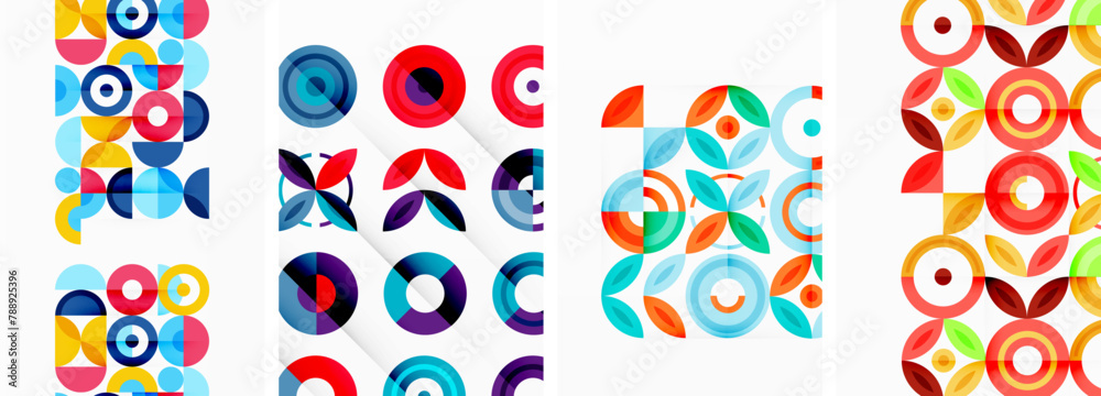 A mix of colorful circles in magenta and electric blue create a vibrant pattern on a white background. The symmetry and visual arts of the circles showcase a unique graphic art