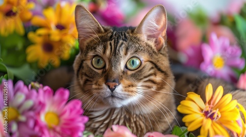 Capture the essence of this picture perfect moment with a stunning Bengal cat surrounded by vibrant flowers a thoughtful gift idea for Valentine s Day and Mother s Day Against a simple back