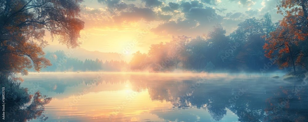 Panoramic view of a gentle sunrise, reflected on a tranquil lake, showcasing nature's quiet majesty. Panoramic view of a gentle sunrise, reflected on a tranquil lake, showcasing nature's quiet majesty.