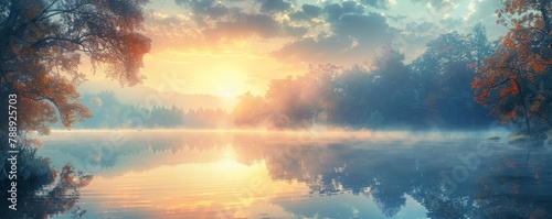 Panoramic view of a gentle sunrise, reflected on a tranquil lake, showcasing nature's quiet majesty.
