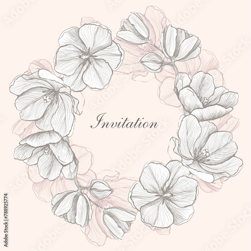 Invitation card template with graphic frame decorated flowers