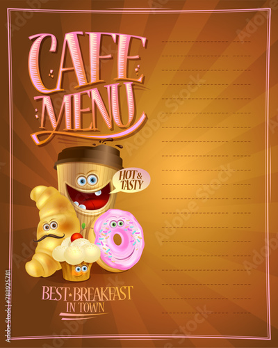 Cafe menu sign board design mockup with empty space for text and food cartoon personages