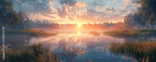 Panoramic view of a gentle sunrise, reflected on a tranquil lake, showcasing nature's quiet majesty. © ChomStyle