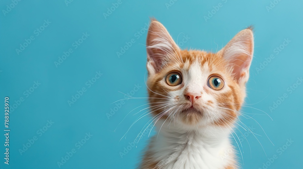 An orange and white cat with its mouth wide open in front of a blue background.


