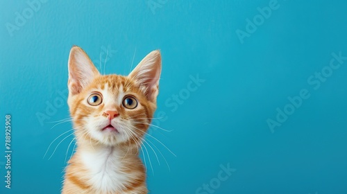 An orange and white cat with its mouth wide open in front of a blue background.