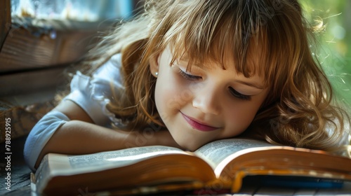Young Girl Engrossed in Reading a Book