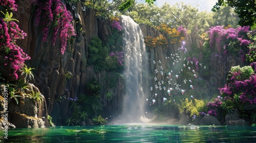 Waterfall images  waterfall in the park  colorful flowers  rivers and spring background  flying robotic birds  mountain waterfall images  futuristic water fall  