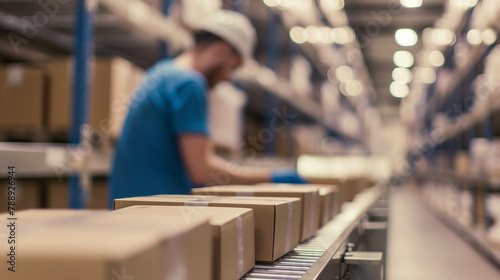 A worker in a warehouse sorts boxes with parcels for logistic centre. Warehouse workers, a huge logistics hub for receiving parcels from all over the world photo