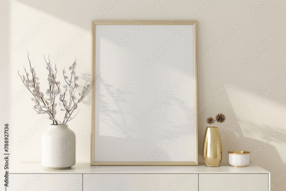 Scandinavian style living room with poster mockup created with generative ai Scandinavian style living room with poster mockup created with generative ai
