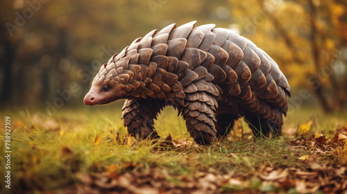 Pangolin walking in the forest. AI Generative.
