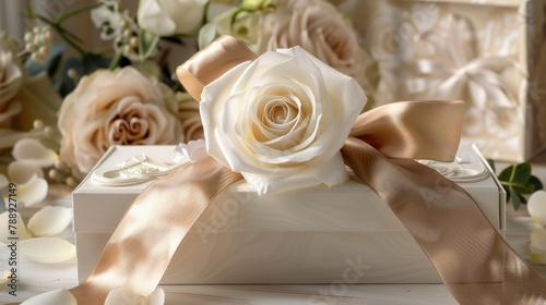 Celebrate Valentine s Day in style with a festive greeting card featuring a delicate white rose a charming bow and a symbolic heart nestled in a gift box set against a lovely paper backgrou photo