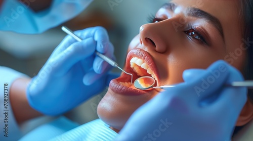 Dentist checkup teeth of Indian woman patient. Dentist consultation  perfect smile and healthy teeth. Hygiene and professional teeth cleaning