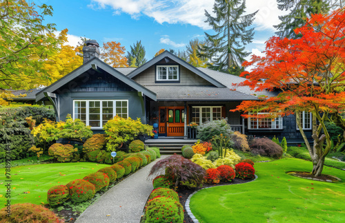 A beautiful two-story house with an elegant front yard, featuring lush green grass and colorful flowers, showcasing the perfect blend of architecture and landscaping in a Pacific Northwest setting © Kien