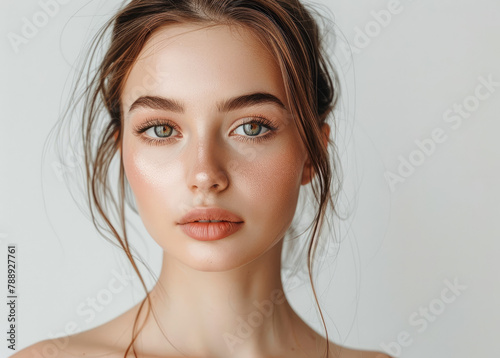 Beautiful woman with clean, fresh skin on a white background, isolated portrait of a beautiful young girl after a facial treatment