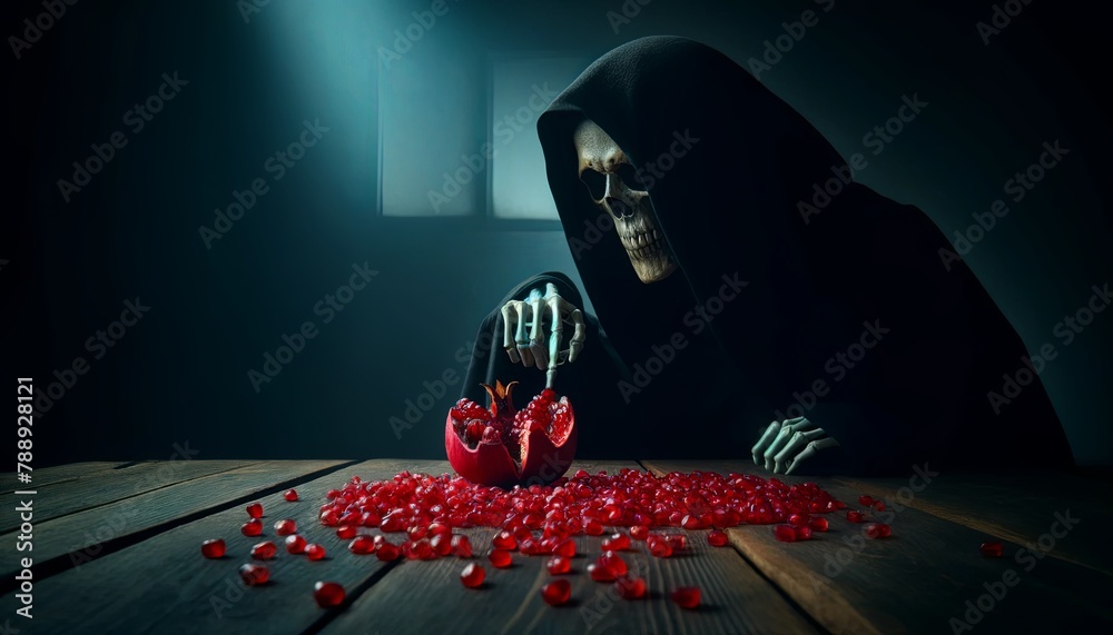 A skeleton in a black robe is sitting at a table. He is holding a pomegranate in his hands. The pomegranate is open and there are red seeds spilling out of it. The skeleton is looking at the seeds wit - obrazy, fototapety, plakaty 