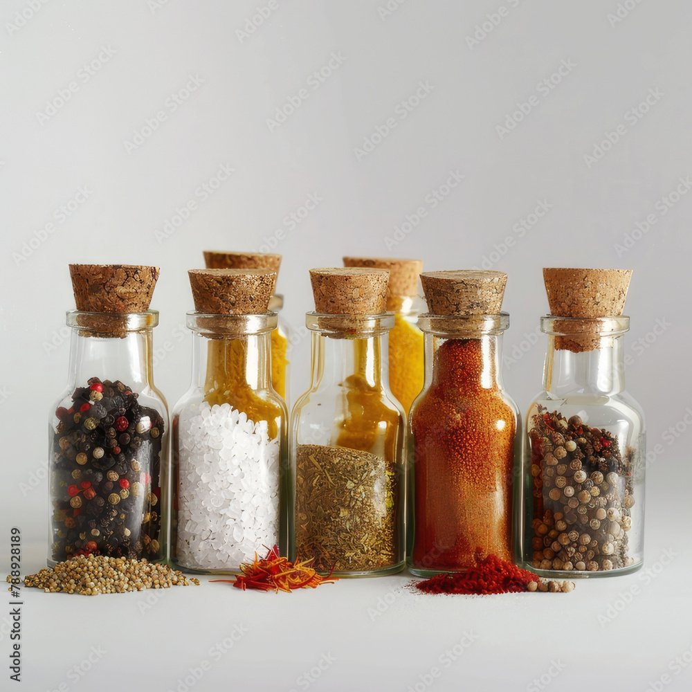 a set of glass jars filled with various spices such as a mixture of pepper, cloves, saffron and coarse salt. The composition is highlighted by the bright colors and textures of spices against a gray b a set of glass jars filled with various spices such as a mixture of pepper, cloves, saffron and coarse salt. The composition is highlighted by the bright colors and textures of spices against a gray b