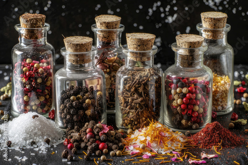 a set of glass jars filled with various spices such as a mixture of pepper, cloves, saffron, curry and coarse salt. The composition is highlighted by the bright colors and textures of spices against a