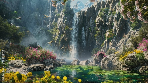 Waterfall images, waterfall in the park, colorful flowers, rivers and spring background, flying robotic birds, mountain waterfall images, futuristic water fall, 