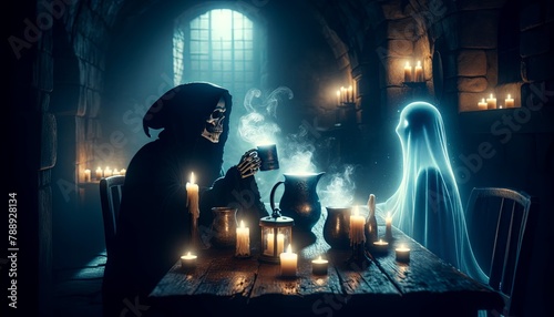 A skeleton and a ghost are sitting at a table, drinking and talking. photo