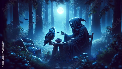 A dark figure in a cloak sits in a moonlit forest, feeding an owl from a bowl of berries. photo