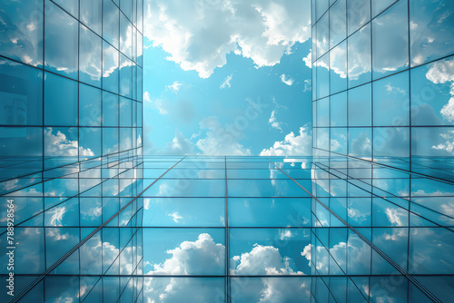 A glass skyscraper with a blue sky and clouds reflecting on its surface, captured with a wide angle lens in a stock photo. Created with Ai