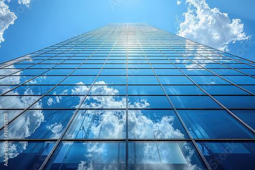 A modern glass skyscraper with a blue sky and clouds reflecting in the windows  symbolizing innovation and business success. Created with Ai