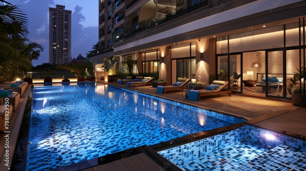 The warm glow of the pool lights combined with the coolness of the water creates a harmonious blend of sensations perfect for promoting a deep and restful sleep. 2d flat cartoon.