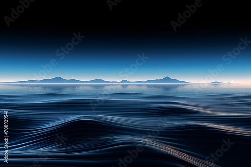 Illusionistic Digital Wave: Serene Horizon Description: An mesmerizing digital wave pattern set against a black background, creating the illusion of a serene horizon with a stunning blue sky. 