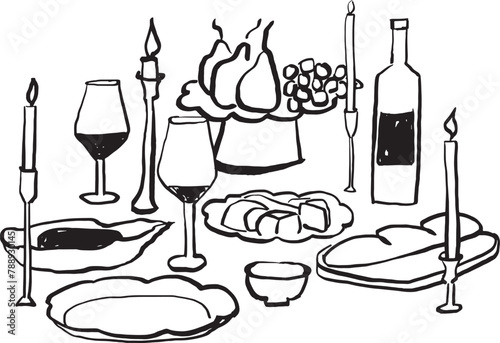 Ilustración vectorial de mesa de cena con velas, vino, fruta y platos. Dibujo a mano de cena. Ilustración minimalista. Ilustración para invitaciones, papelería, imprimibles, redes sociales